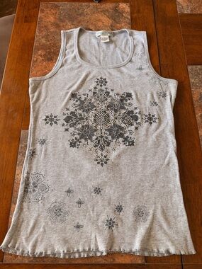 Vintage Suzie Gray Ribbed Tank with Black Floral & Embellishment Medallion Print